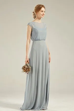 cap sleeve dusty bluel bridesmaid dress