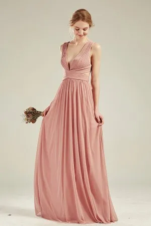 v neck dusty pink long bridesmaid dress