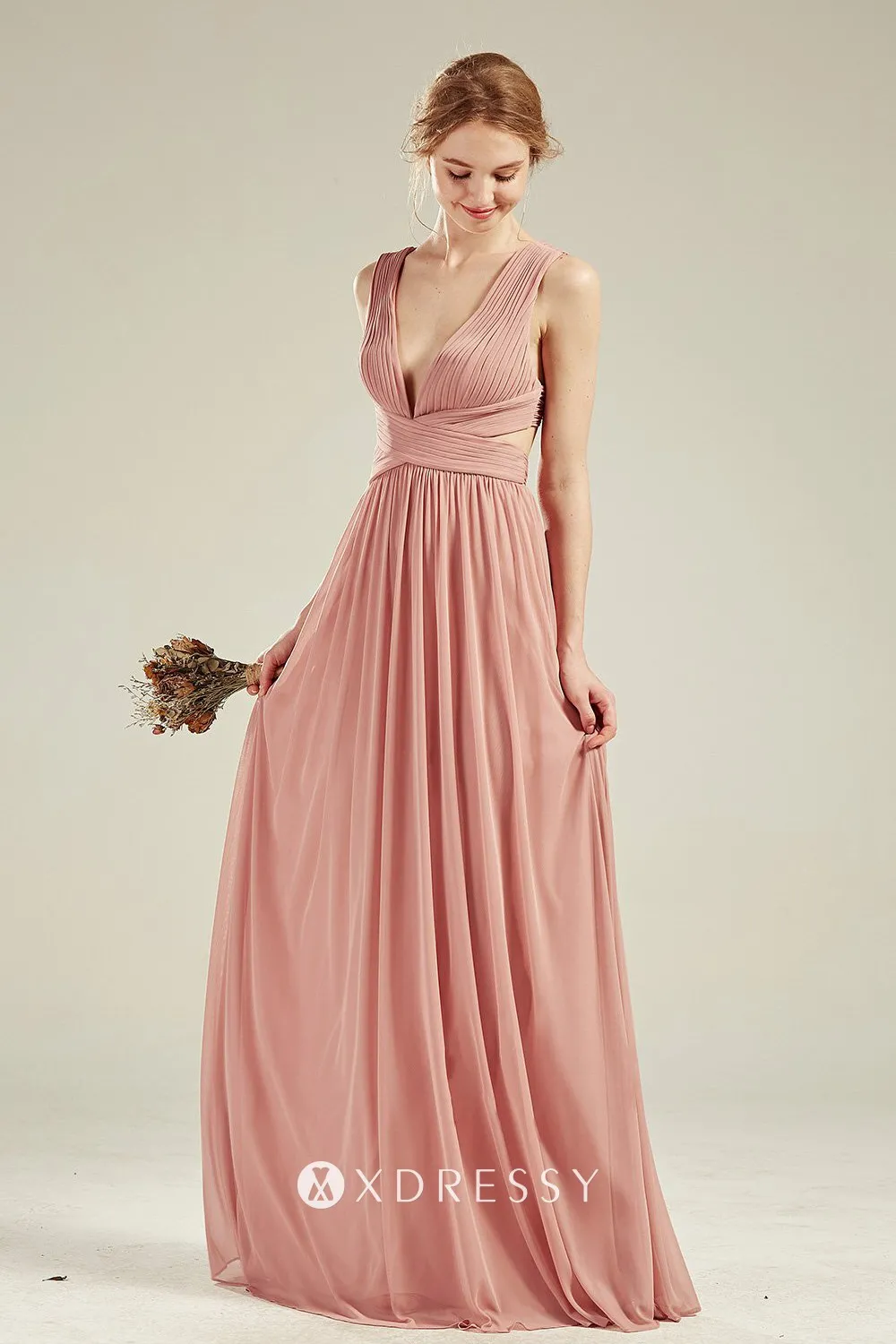 v neck dusty pink long bridesmaid dress