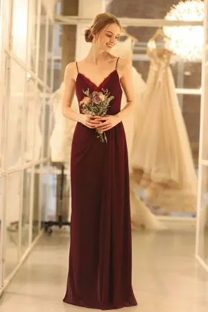 wine spaghetti straps V neck bridesmaid dress