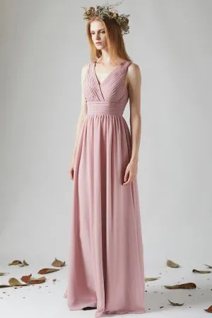 dusty pink V neck long bridesmaid dress
