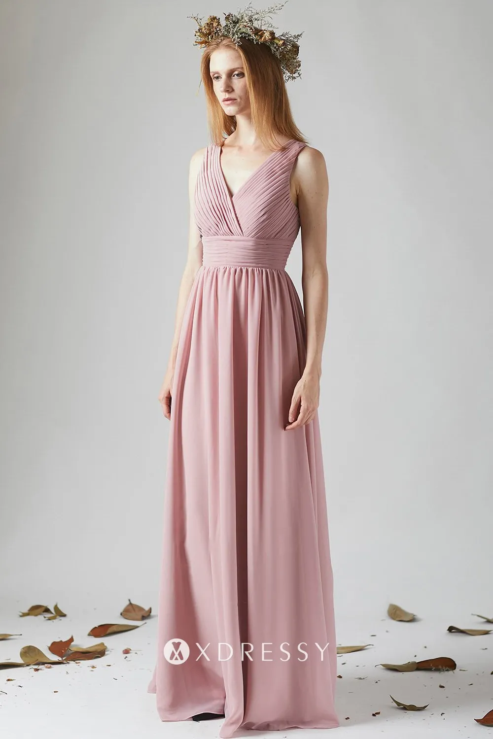 dusty pink V neck long bridesmaid dress