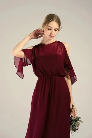 wine red cold shoulder bridesmaid dress