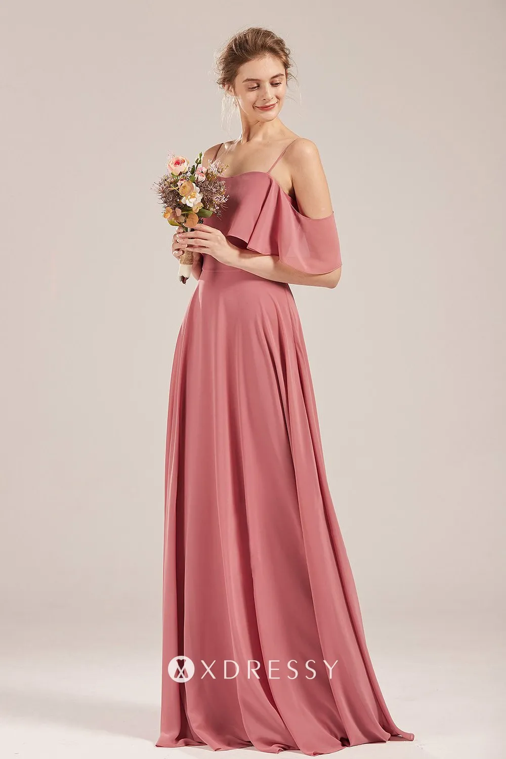 Off-the-shoulder A-line Ruched Chiffon Dress with Slit Dusty Rose