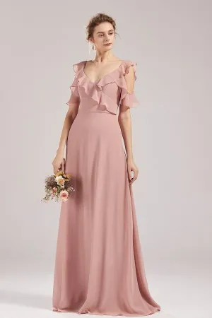 pink nude ruffled v neck bridesaid dress