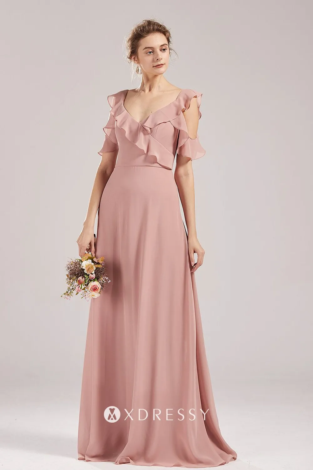 pink nude ruffled v neck bridesaid dress