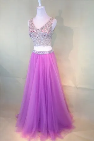 sparkly beading magenta tulle two piece prom dress