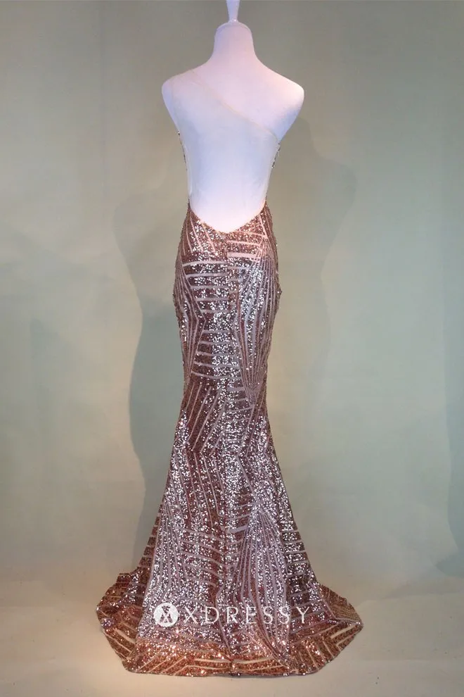 backless rose gold sequin one shoulder cut out prom dress