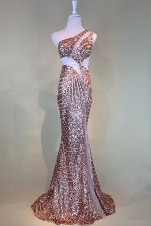 rose gold sequin one shoulder cut out prom dress