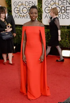 Lupita Nyongo red caped prom dress Golden Globes