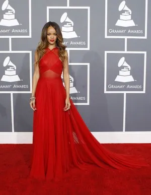 Rihanna red flowy chiffon red carpet dress at Grammys 2013