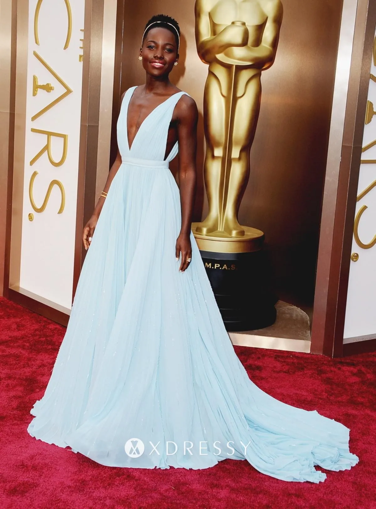 Lupita Nyongo plunging V neckline red carpet dress Oscars 2014 Lupita Nyongo plunging V neckline red carpet dress Oscars 2014