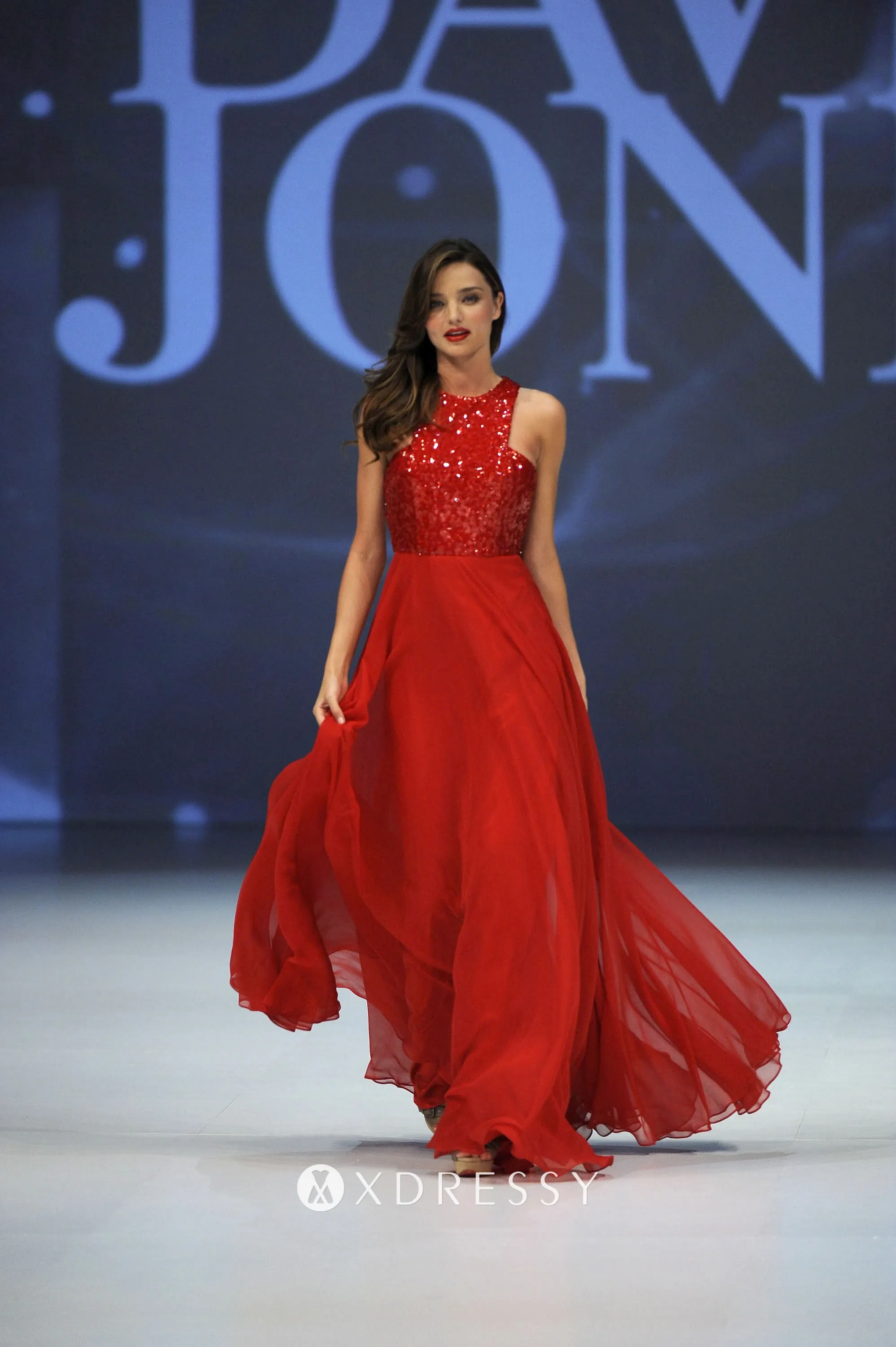 Miranda Kerr red sequin and chiffon runway prom formal dress