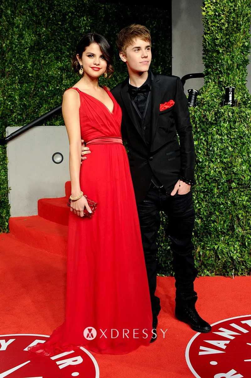 Selena Gomez red chiffon V neck engagement dress