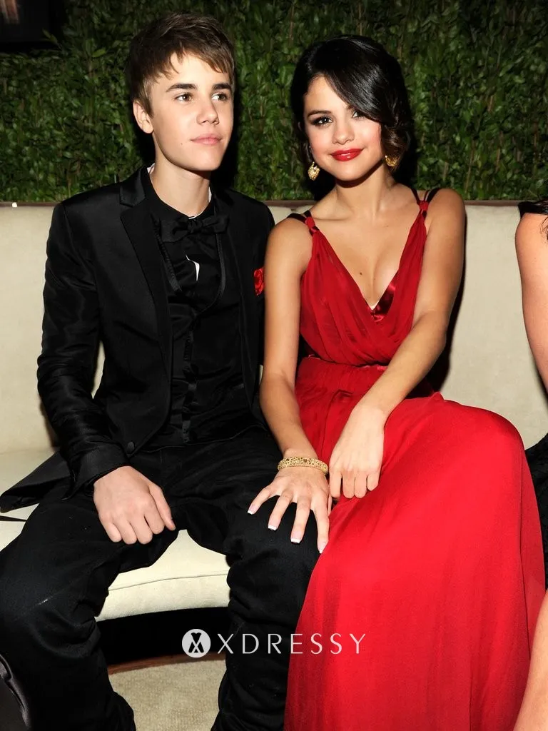 Selena Gomez red chiffon celebrity engagement dress
