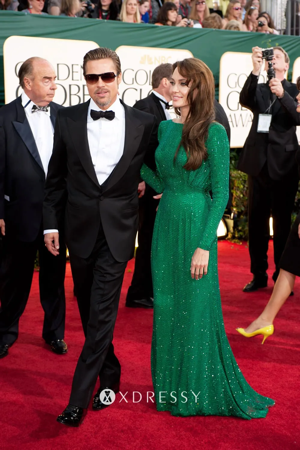 Angelina Jolie green glitter beading boat neck long sleeve dress at Golden Globe Awards 2011