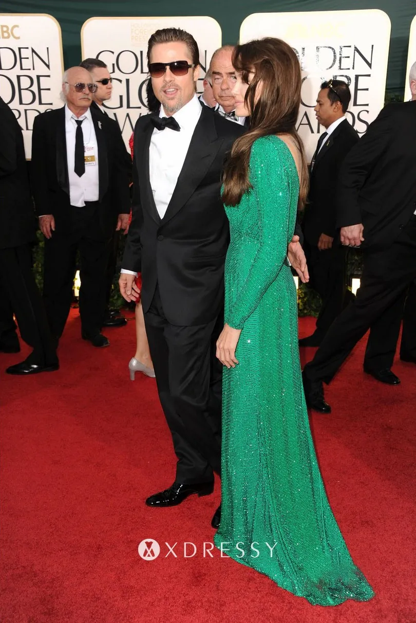 Angelina Jolie green glitter beading red carpet dress