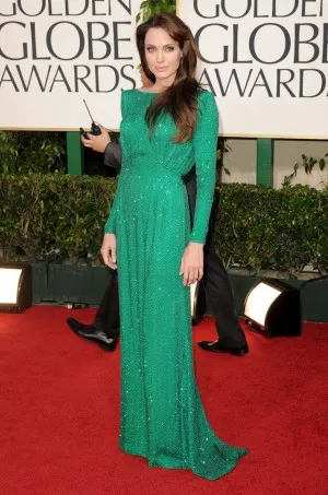Angelina Jolie sparkly green glitter beading red carpet dress at Golden Globe Awards 2011