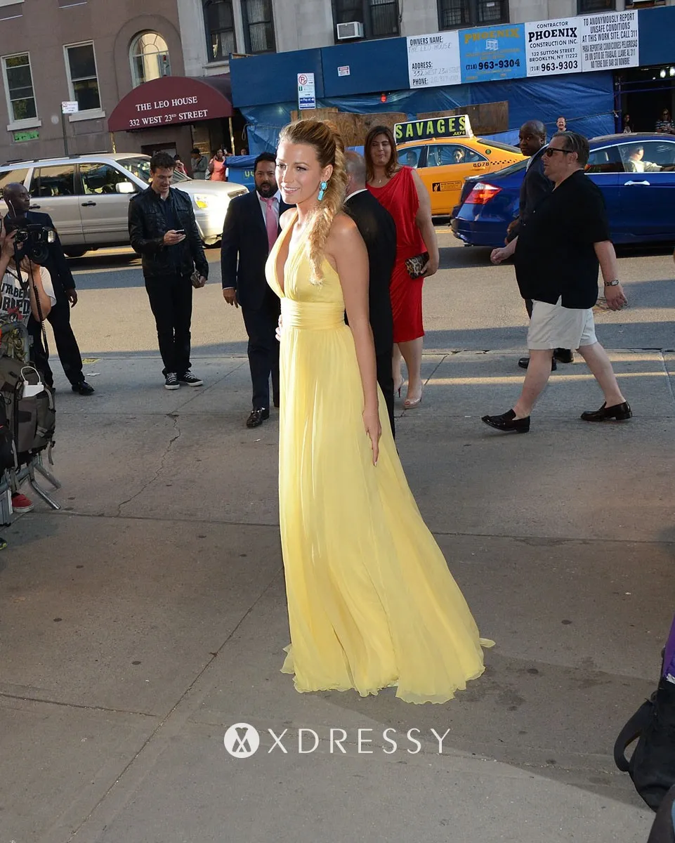Blake Lively yellow chiffon simple A line long prom dress Blake Lively yellow chiffon simple A line long prom dress