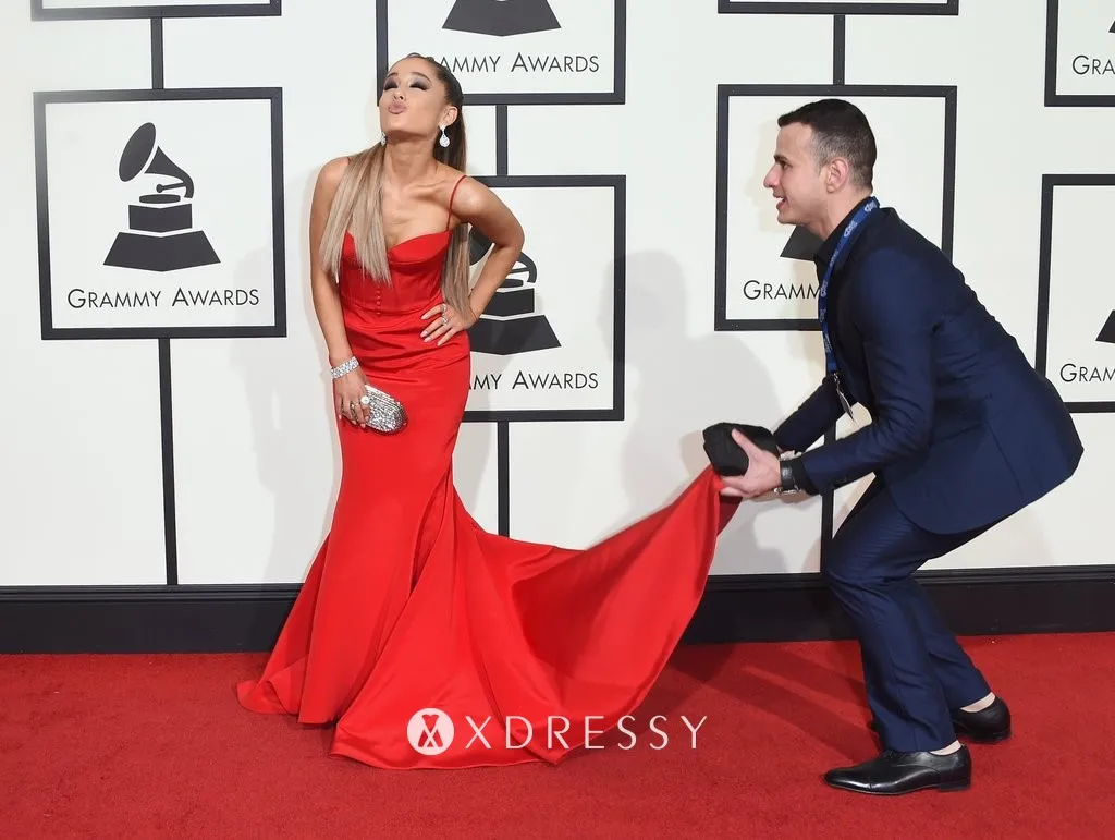red satin long train red carpet dress