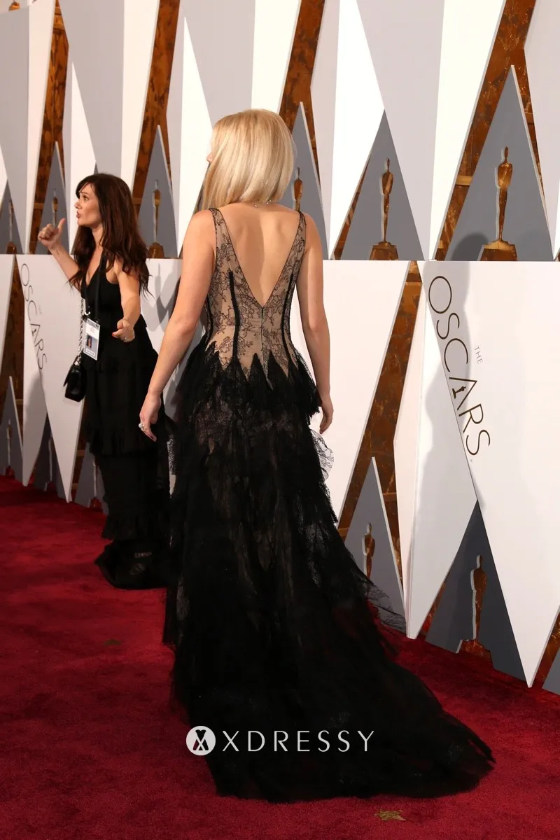 Jennifer Lawrence V back with medium train red carpet dress at Oscars 2016