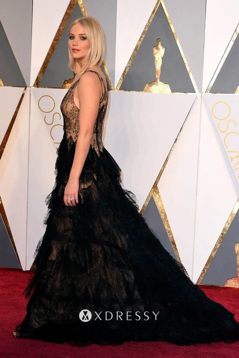 Jennifer Lawrence black tiered lace celebrity formal gown