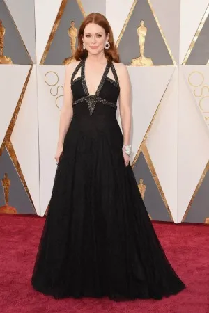 Julianne Moore glistening straps red carpet dress at Oscars 2016