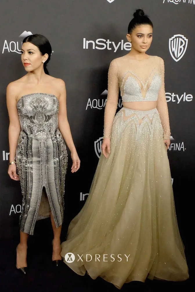 Kylie Jenner beaded champagne dress at Golden Globes 2016 Kylie Jenner beaded champagne dress at Golden Globes 2016