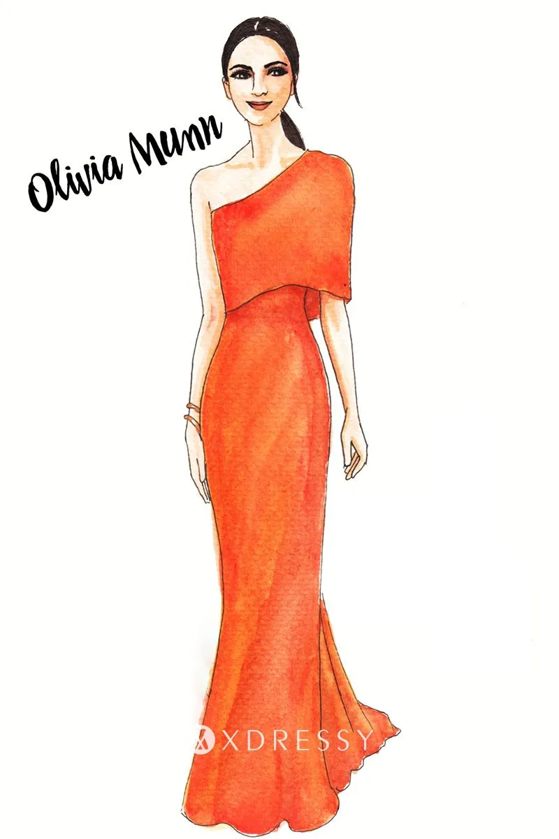 Olivia Munn orange one shoulder fit and flare long celebrity evening gown Olivia Munn orange one shoulder fit and flare long celebrity evening gown