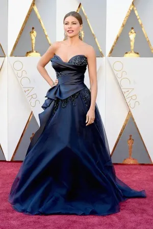 Sofia Vergara navy satin and organza asymmetrical red carpet dress at Oscars 2016