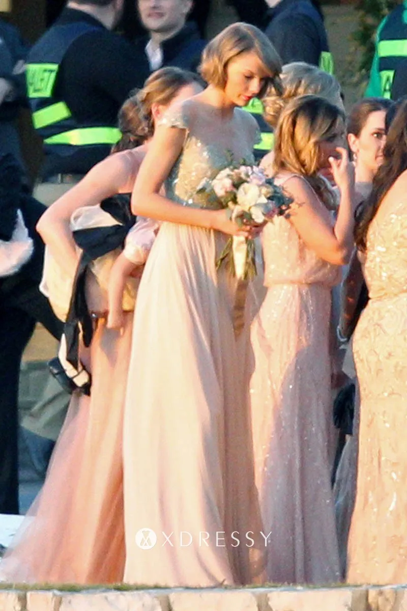 Taylor Swift pearl pink lace and chiffon bridesmaid dress Taylor Swift pearl pink lace and chiffon bridesmaid dress