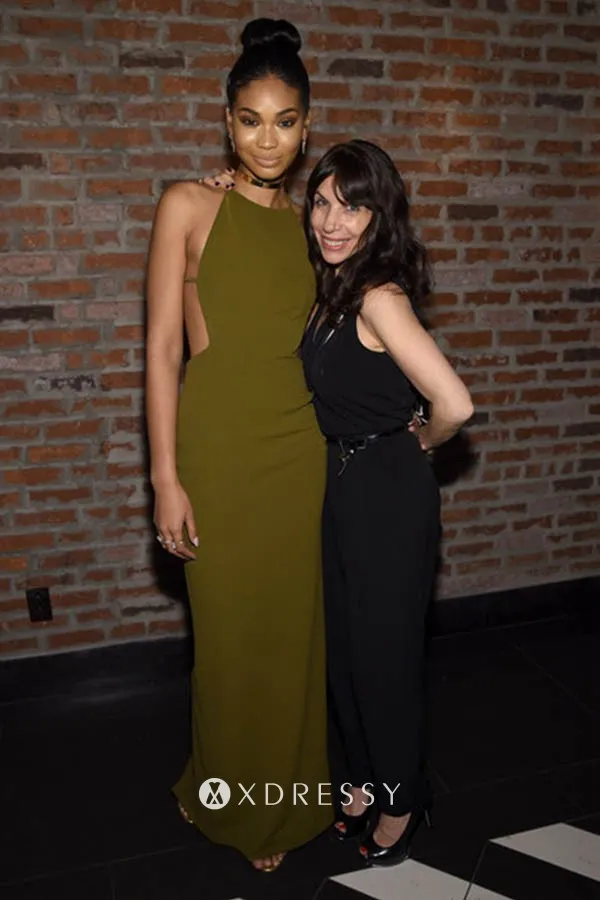 Chanel Iman olive sleeveless sheath long party dress at IMG Models Party 2016 Chanel Iman olive sleeveless sheath long party dress at IMG Models Party 2016