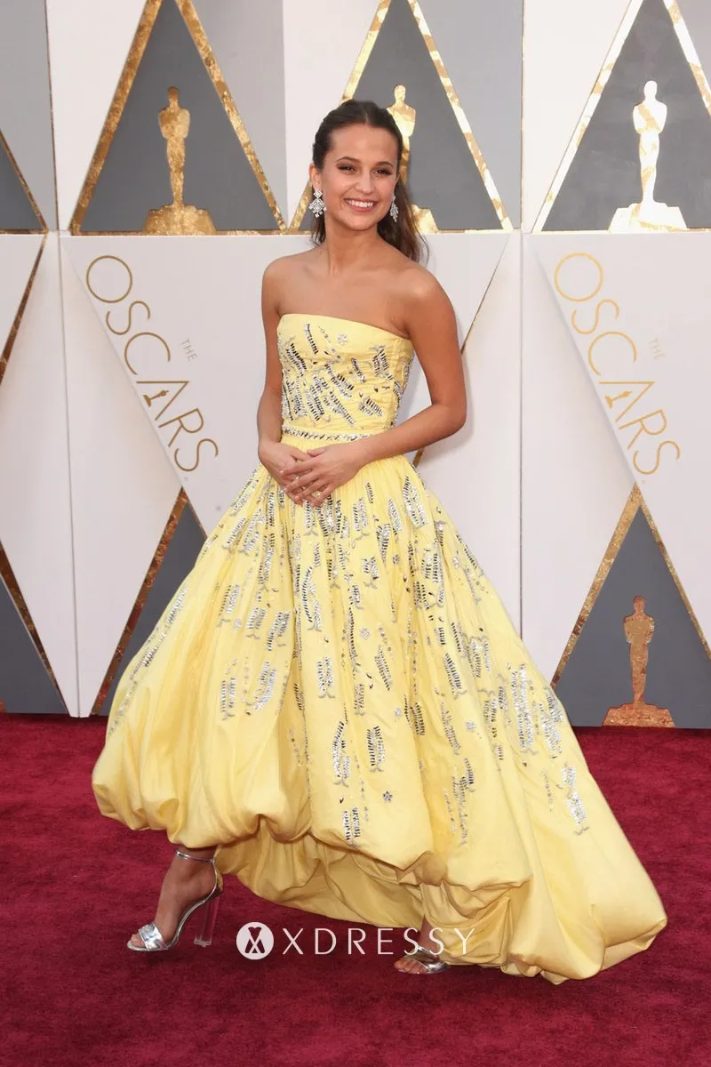 Alicia Vikander beaded yellow high low dress at Oscars 2016