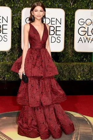 Zendaya burgundy tiered floral lace long red carpet dress at Golden Globes 2016