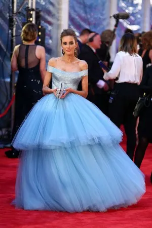 Rebecca Judd sky blue satin and tiered tulle red carpet dress at Logie Awards 2016