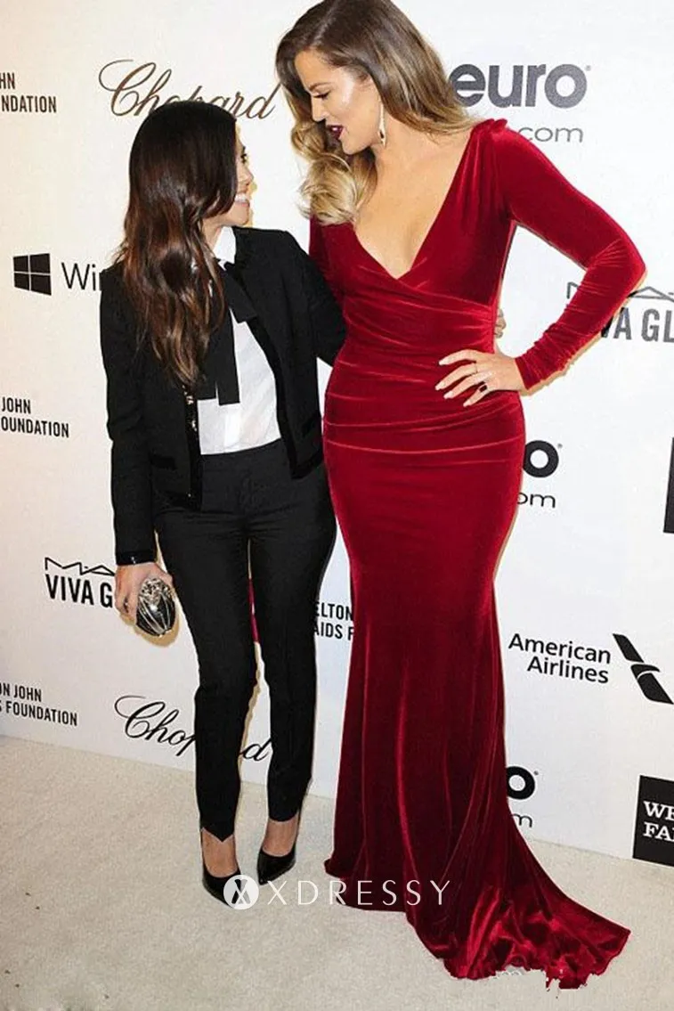 Khloe Kardashian burgundy velvet red carpet dress Khloe Kardashian burgundy velvet red carpet dress