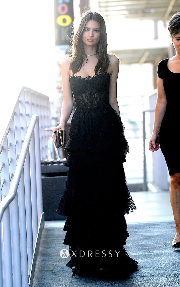 Emily Ratajkowski black lace tiered long celebrity evening dress