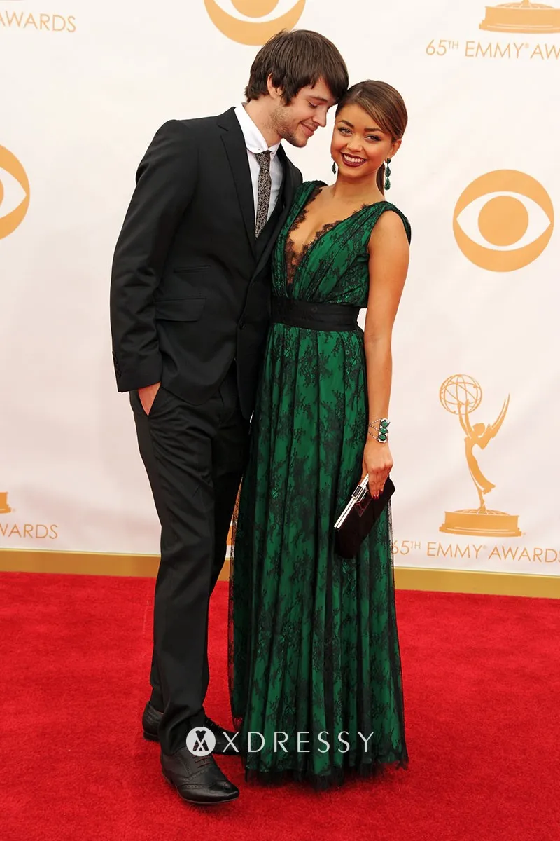 Sarah Hyland black lace green satin dress at Emmys 2013