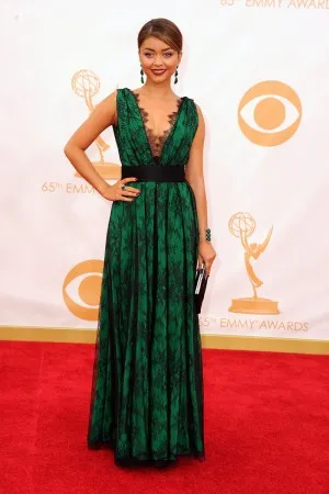 Sarah Hyland black lace overlaied green satin red carpet dress at Emmys 2013