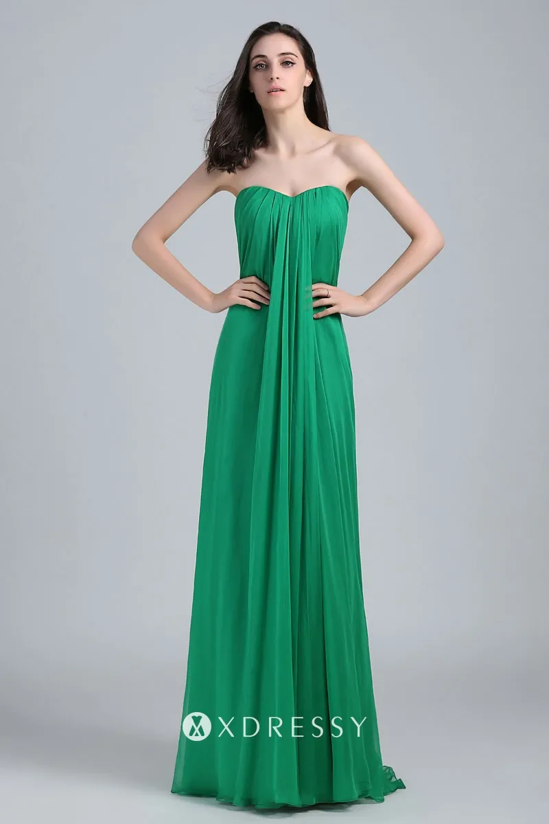 strapless green chiffon A line long evening prom dress