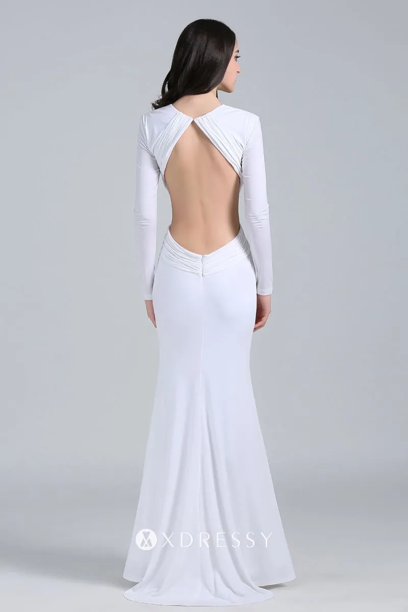 Open back white jersey long sleeve prom dress