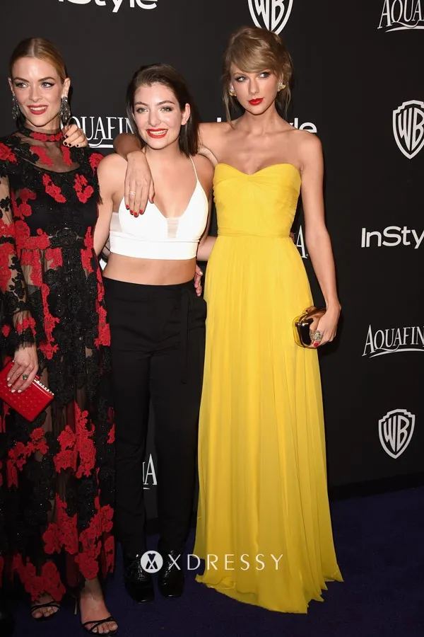 Taylor Swift pleated yellow chiffon simple celebrity party dress Taylor Swift pleated yellow chiffon simple celebrity party dress