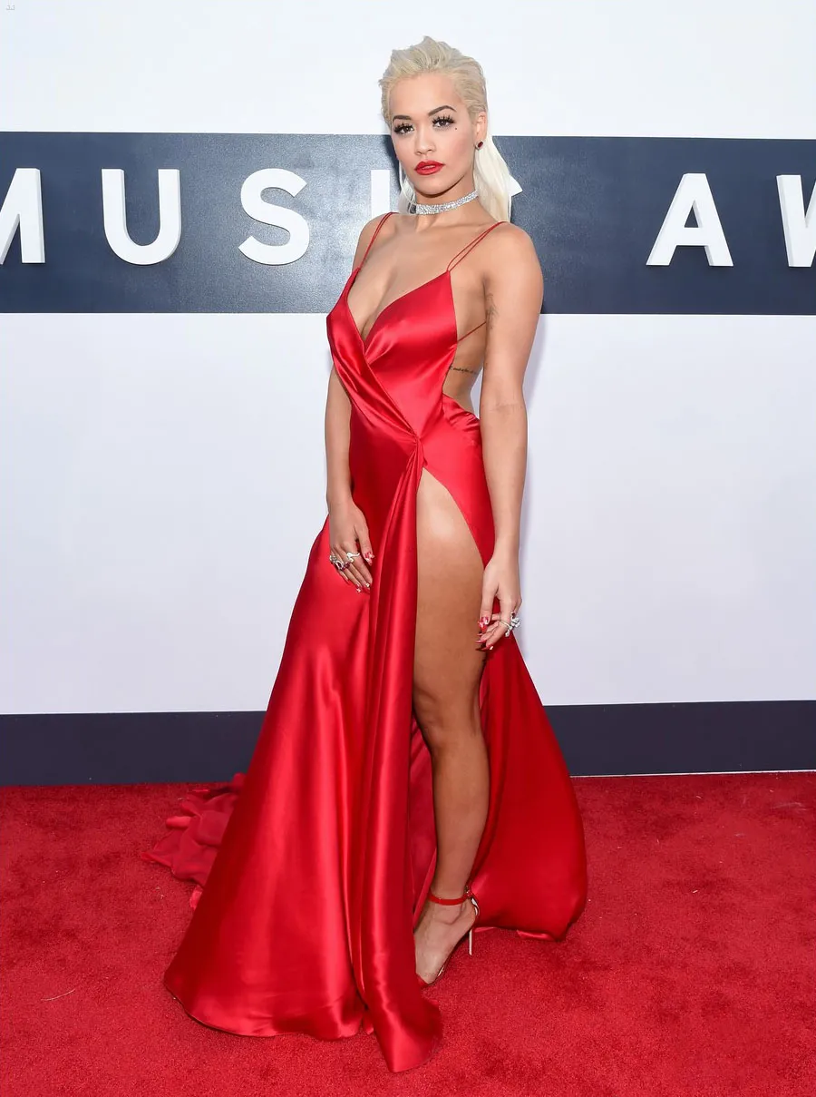Rita Ora sexy backless red satin celebrity prom dress Rita Ora sexy backless red satin celebrity prom dress