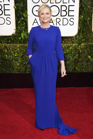Amy Poehler royal blue jersey red carpet dress at Golden Globes 2015