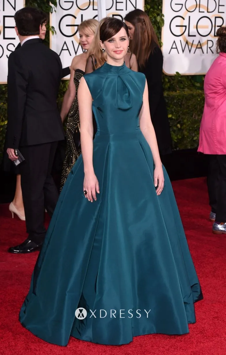 Felicity Jones vintage inspired teal satin red carpet dress Felicity Jones vintage inspired teal satin red carpet dress
