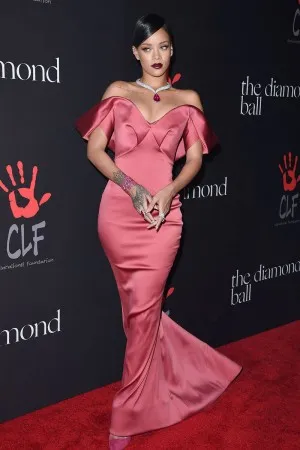 Rihanna unique rose pink satin red carpet dress at First Annual Diamond Ball