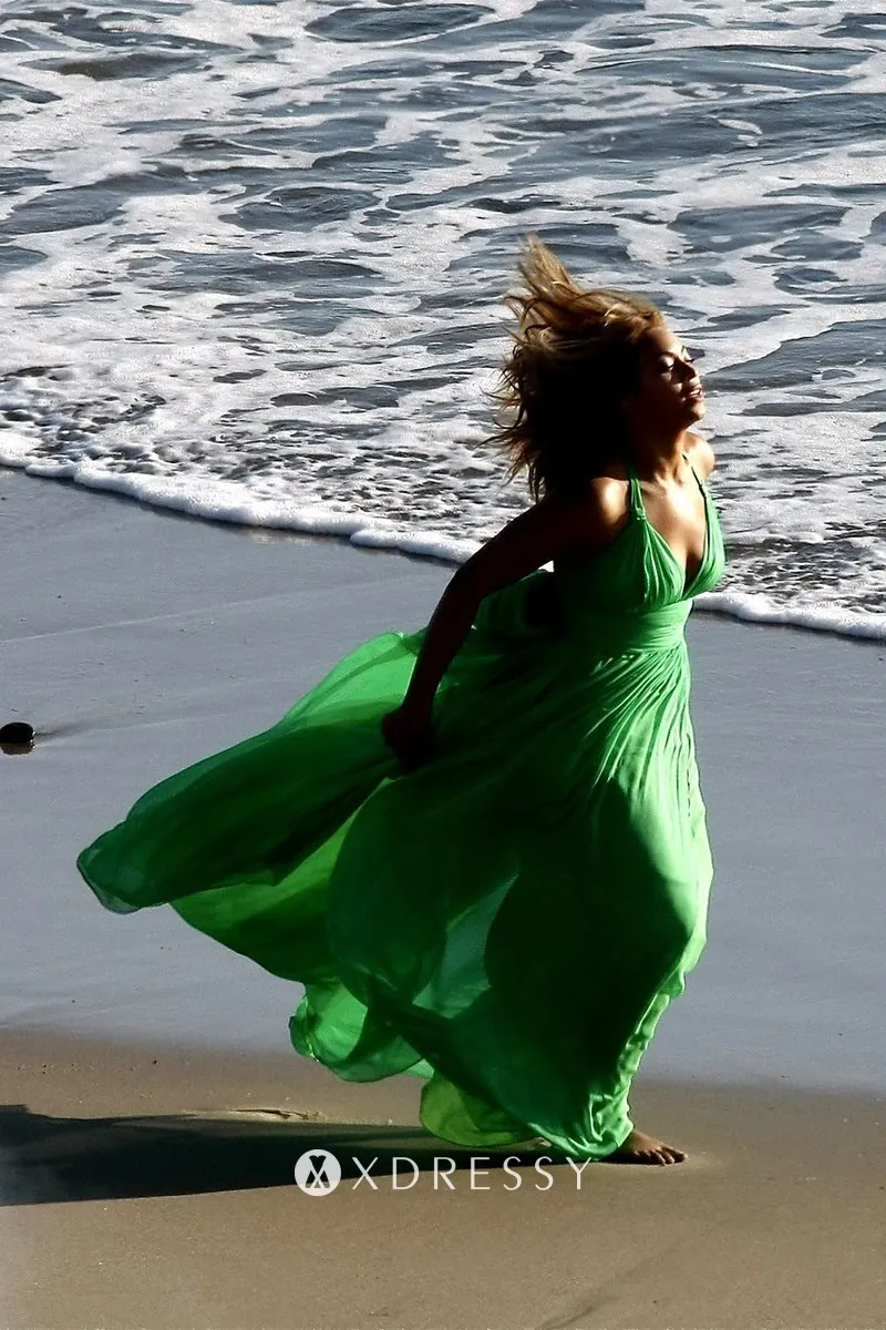 Beyonce green chiffon V neck celebrity prom gown