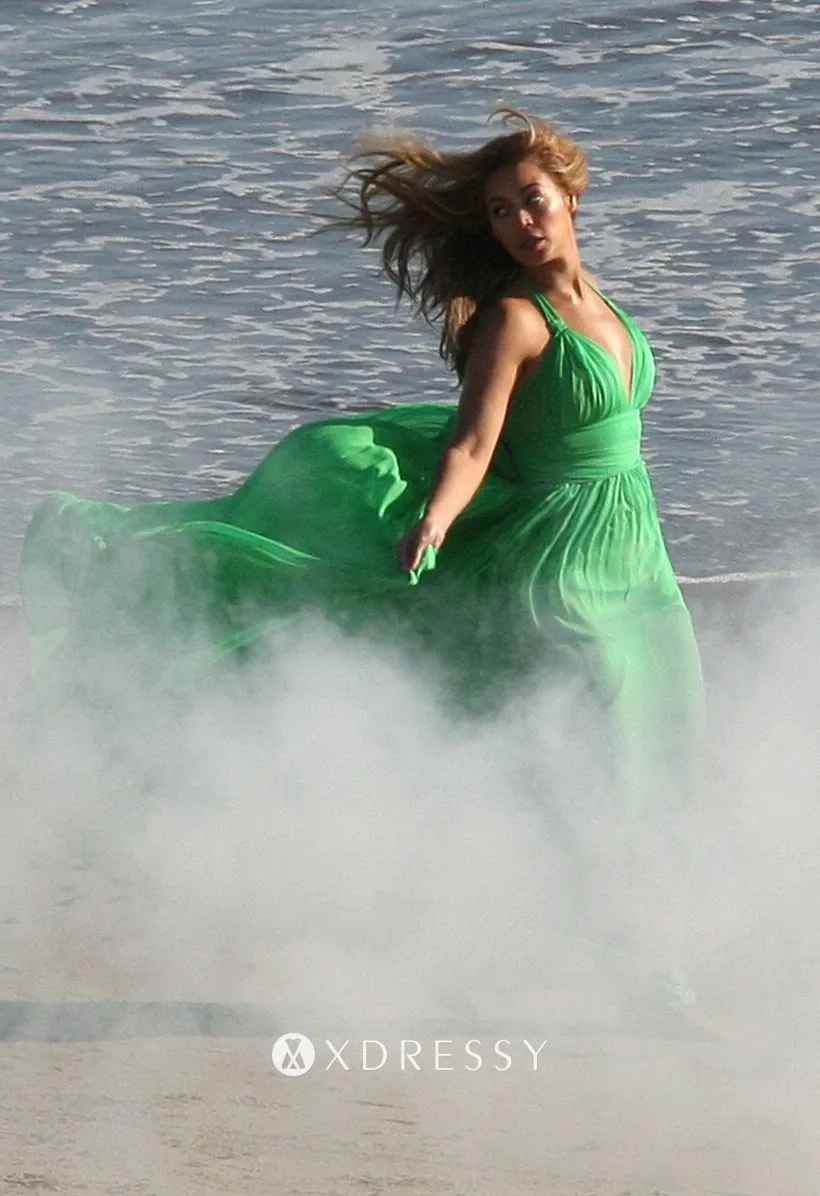 Beyonce green chiffon beach prom dress