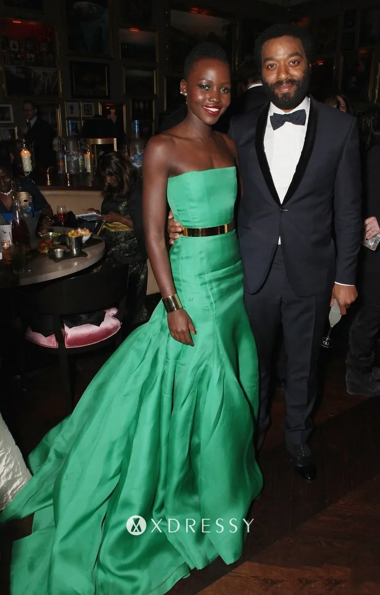 Lupita Nyongo green satin strapless celebrity prom dress Lupita Nyongo green satin strapless celebrity prom dress