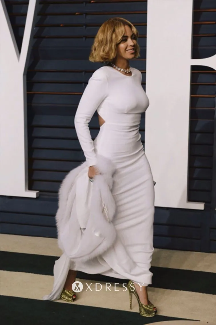 Beyonce White Jersey Long Sleeve Sheath Prom Gown - Xdressy